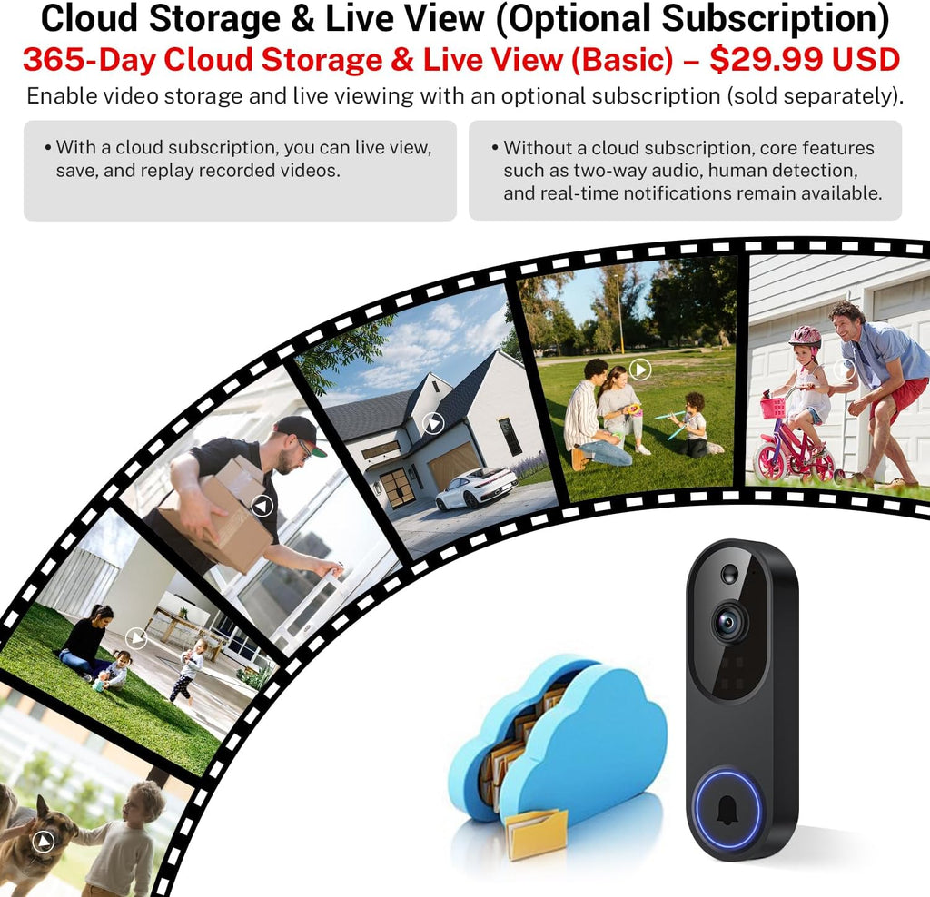 1080P Wireless Wi-Fi Video Doorbell Camera with Two Way Audio, Night Vision, Cloud Storage, Smart AI Motion Detection, Support 2.4Ghz Wi-Fi Only